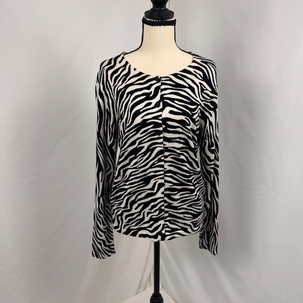 89th & Madison Cardigan Women Medium Black White Zebra Print Button Front